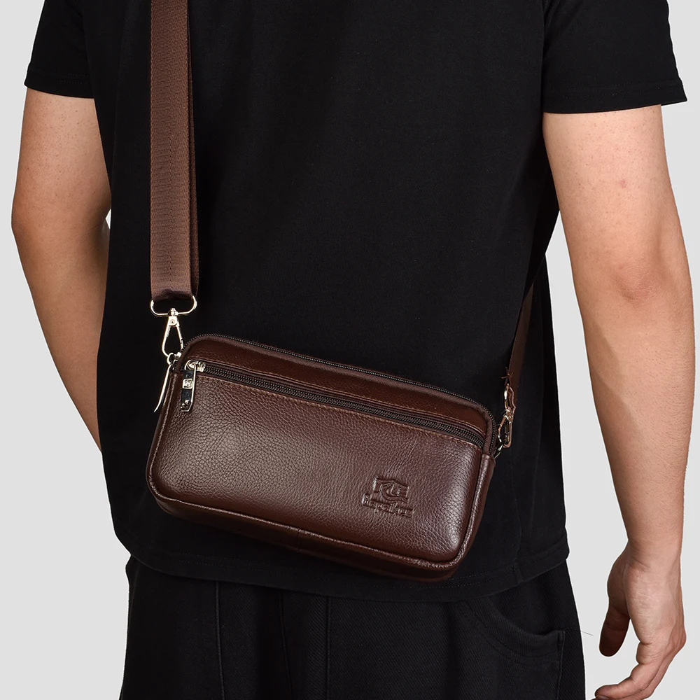 Men's Large Capacity Genuine Leather Crossbody Bag Casual Multi-Functional Shoulder Bag with Adjustable Strap