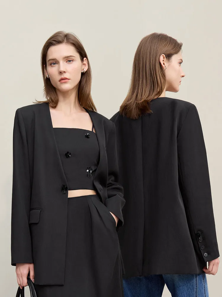 เสื้อแจ็คเก็ตผู้หญิง Amii รุ่นใหม่ประจำฤดูใบไม้ผลิปี 2026 ประดับลูกปัดลายดอกไม้ คอวี เสื้อเบลเซอร์ทรงตรง ดีไซน์หรูหรา พร้อมแผ่นเสริมไหล่ รุ่น 12621026