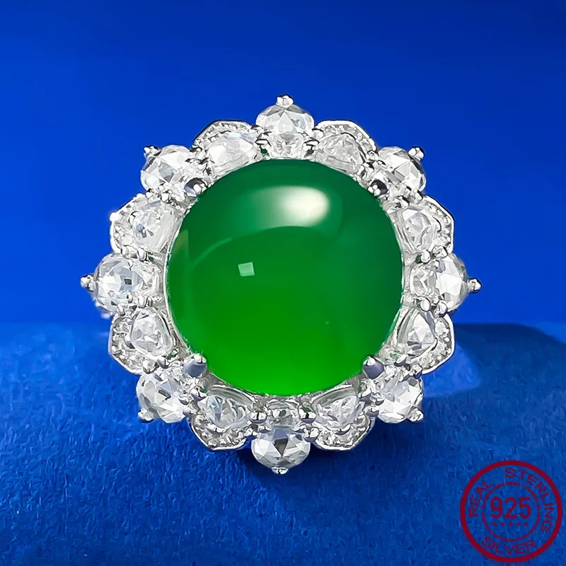 

S925 Silver Luxury Set High Ice Green Jade Chalcedony Style Big Egg Face 12mm Agate Ring Wedding Jewelry