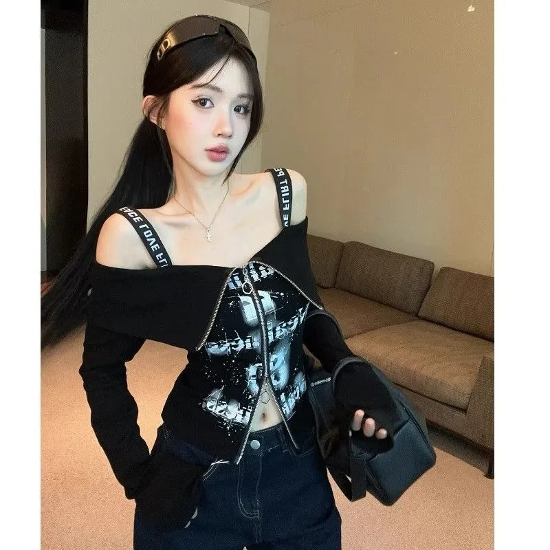 Top T-shirt Women Spring/Autumn Seductive Off-the-shoulder Double Zipper Designer Long Sleeves Strapless Printed Cropped Casual