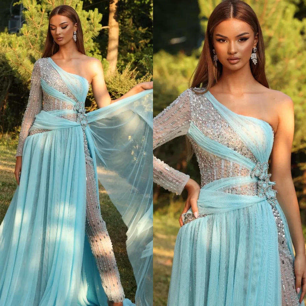

Modern A Line Evening Dress Beaded Sequins One Shoulder Neck Prom Gowns Beading Tulle Detachable Train Party Dresses Customized