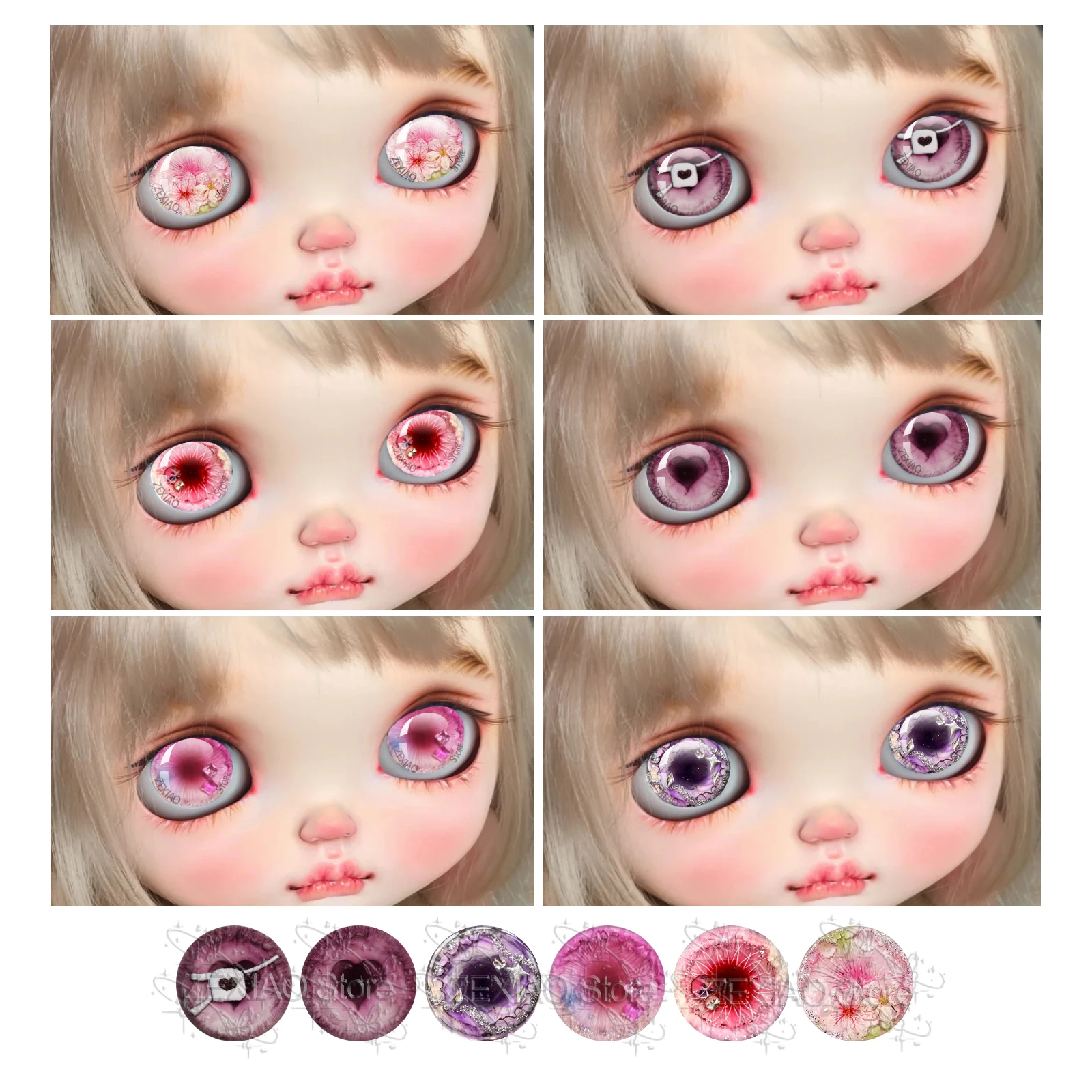 6 Paar Blythe-Puppen-Chips Augenpupillen Blumen Pflanzen Herzmuster Glaskuppel-Augen Spielzeug 10MM-40MM Schmuckherstellungszubehör MS008