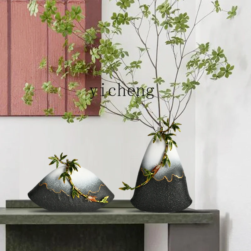 new Chinese-style ceramic fine-mouth vase wabi-sandy wind advanced sense living room flower arrangement TV cabinet