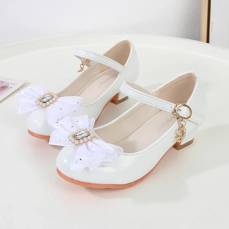 Girls' High Heels 2024 Autumn New Children's Mary Jane Shoes Fashion Bow Crystal Baby Kids Princess Leather Shoes