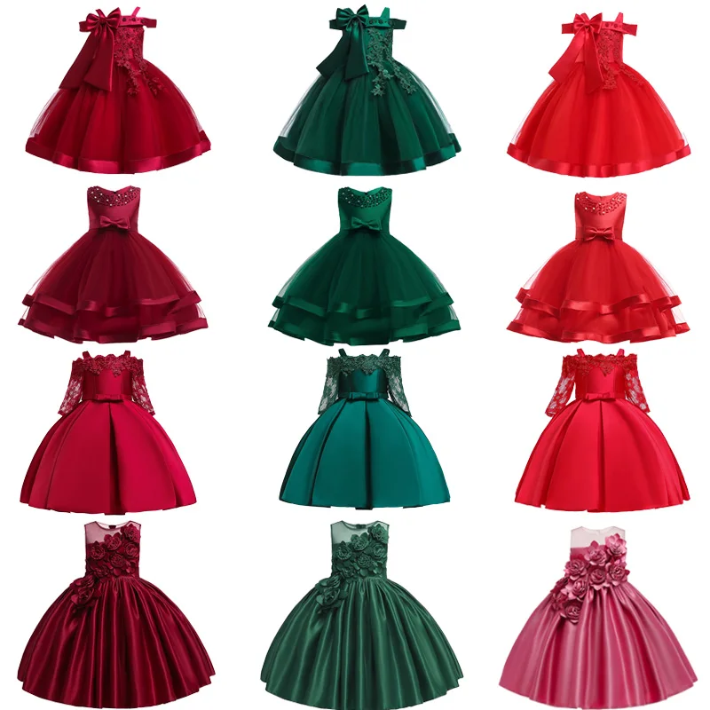 

Teens Flower Red Girl Party Dress Christmas Costume Bow Wedding Birthday Princess Dresses for Girls Wedding Baptism Gown Vestido