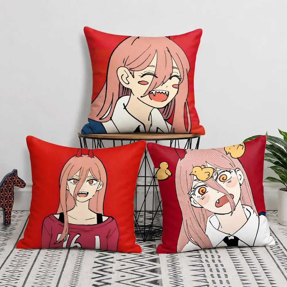 C-Chainsawman Power Cushion Cover Silky Short Plush Invisible Zipper Dustproof Sofa Pillow Case For Home Decor