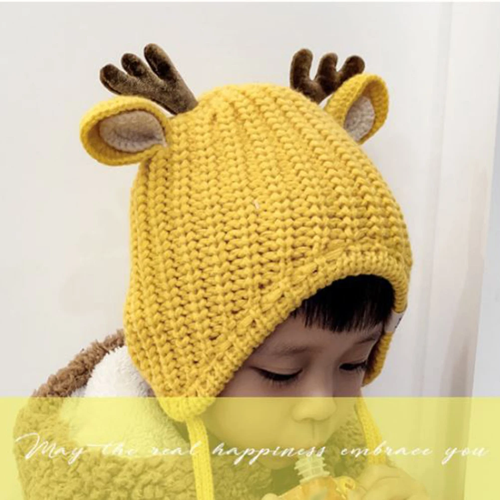

Children Santa Hat Yellow Woolen Baby Knitted Winter Hats Comfortable Headwear Christmas Deer Antler Kids Warm