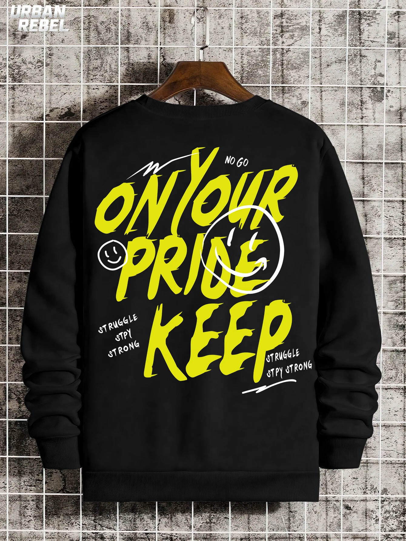 Men Black Crew Neck Sweatshirt Oversized Graffiti Smiley Face Back Print Drop Shoulder Loose Fit Y2K Streetwear Graphic Pullover