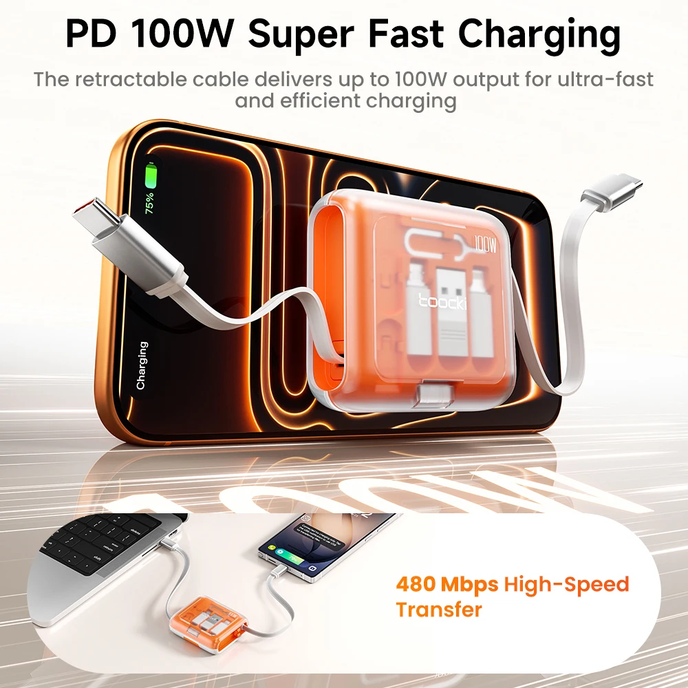 Toocki PD100W Retractable Fast Charging Cable Set With Hidden Phone Stand & Multi-Adapter For For iPhone 16 Samsung S23 Xiaomi