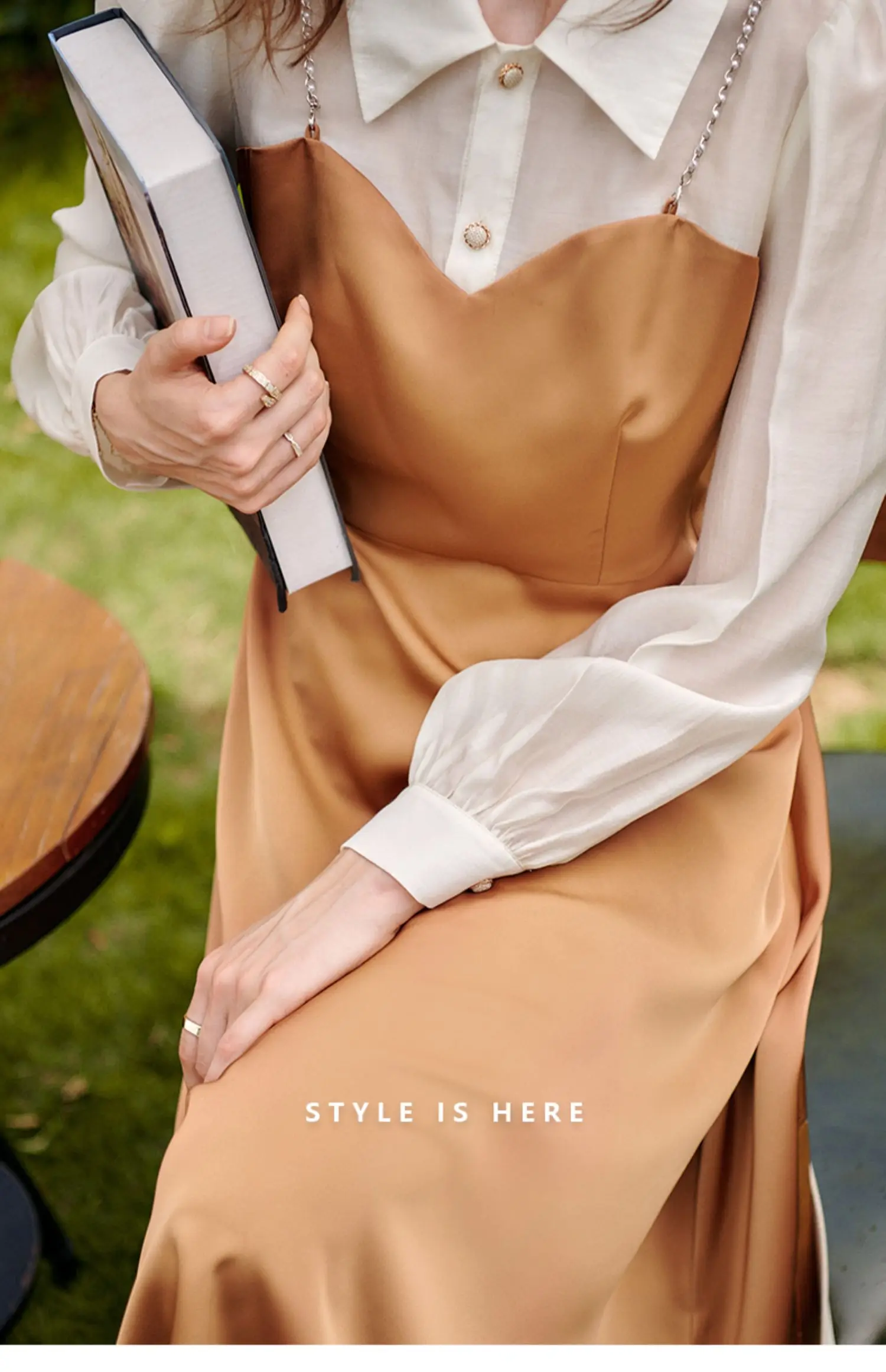 OLrain Autumn Patchwork Dresses 2025 Woman Lyocell A-line 2 in1 Spliced Turn Down Collar Office Wear Elegant Dress O21QL53513