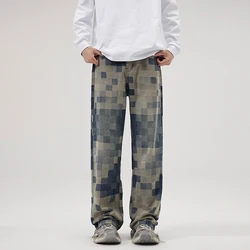 Men's High Street Mosaic Jeans Autumn New Baggy Straight Casual Fashion Denim Trousers Street Harajuku Wide Legs Male Pants