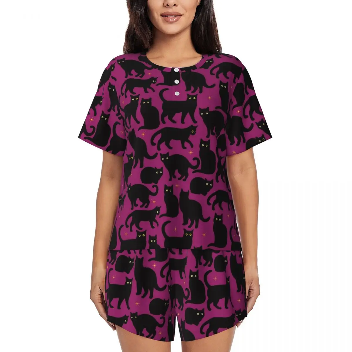 

Magic Cats Print Pajamas Summer 2 Pieces Black Animal Funny Pajamas Set Womens Short Sleeves O Neck Casual Design Nightwear