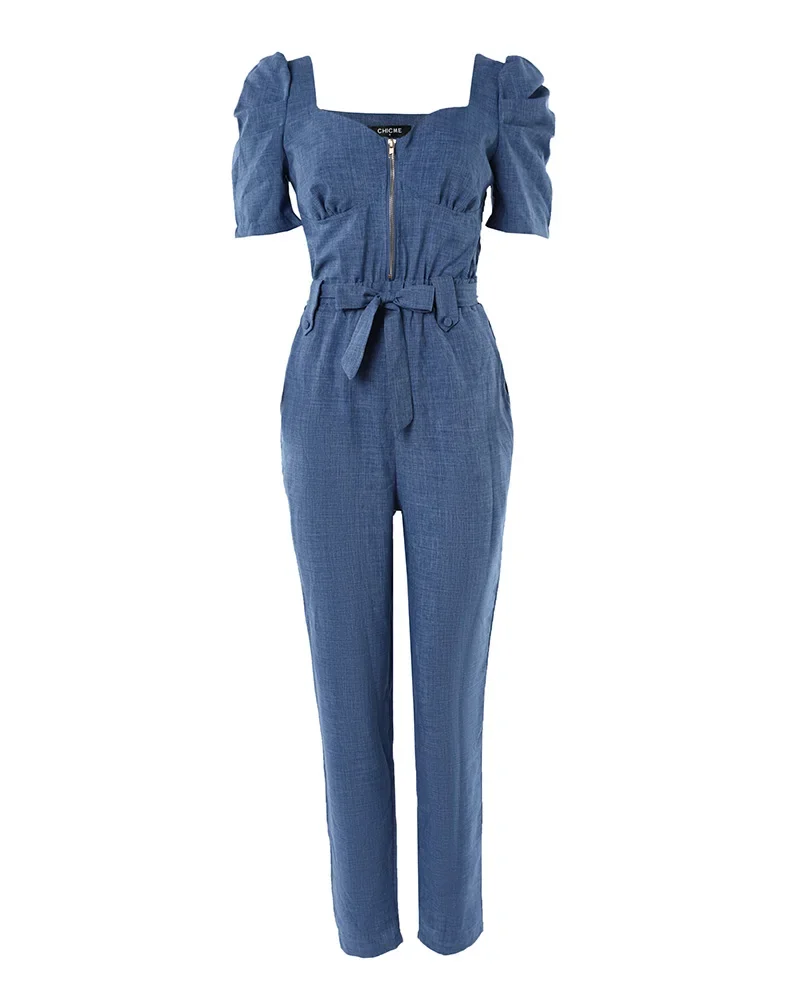 Summer Casual Women\'s Jumpsuit Puff Sleeve Zipper Front Belted Jumpsuit