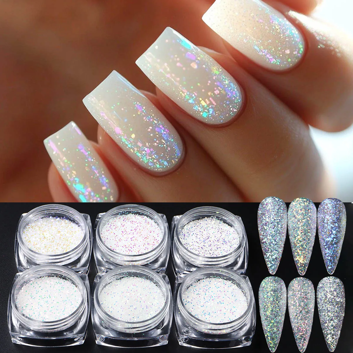 6 Box Sparkling Mermaid Opal Nails Glitter Dust Pearlescent Aurora Effect Nail Art Glitter Decoration Set Opal Powder Pigment
