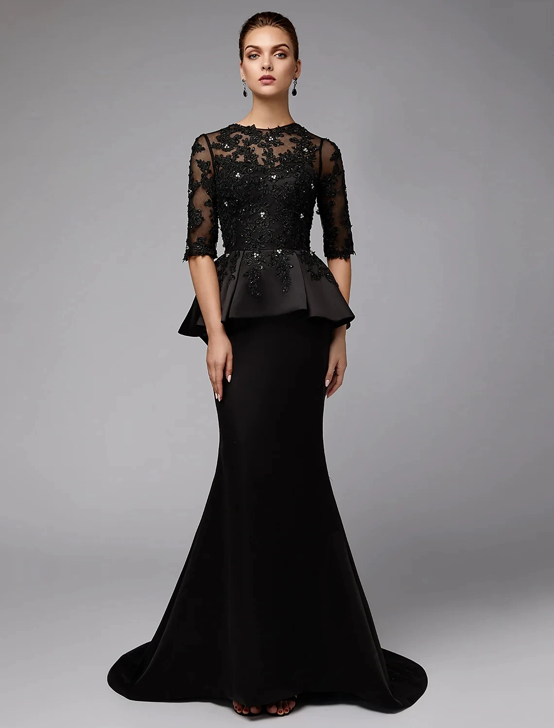 Robes mère de la mariée sirène noires transparentes, perles de bijouterie, demi-manches en dentelle Satin, robes de soirée formelles de mariage, nouvelle collection 2022