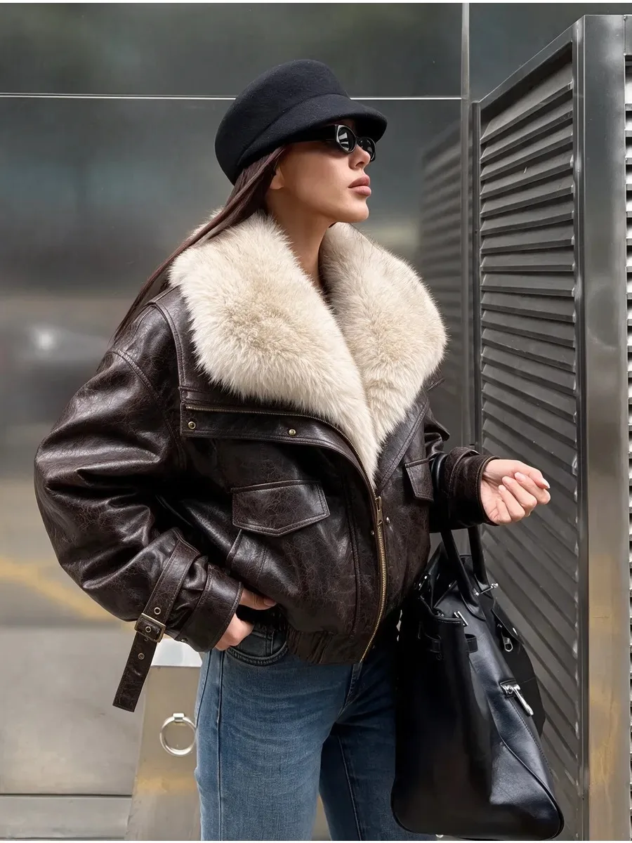 Women Faux Fur Collar Distressed Leather Cropped Bomber Jacket, Zip Front Flap Pockets Cuff Straps, Street Winter Warm Outerwear