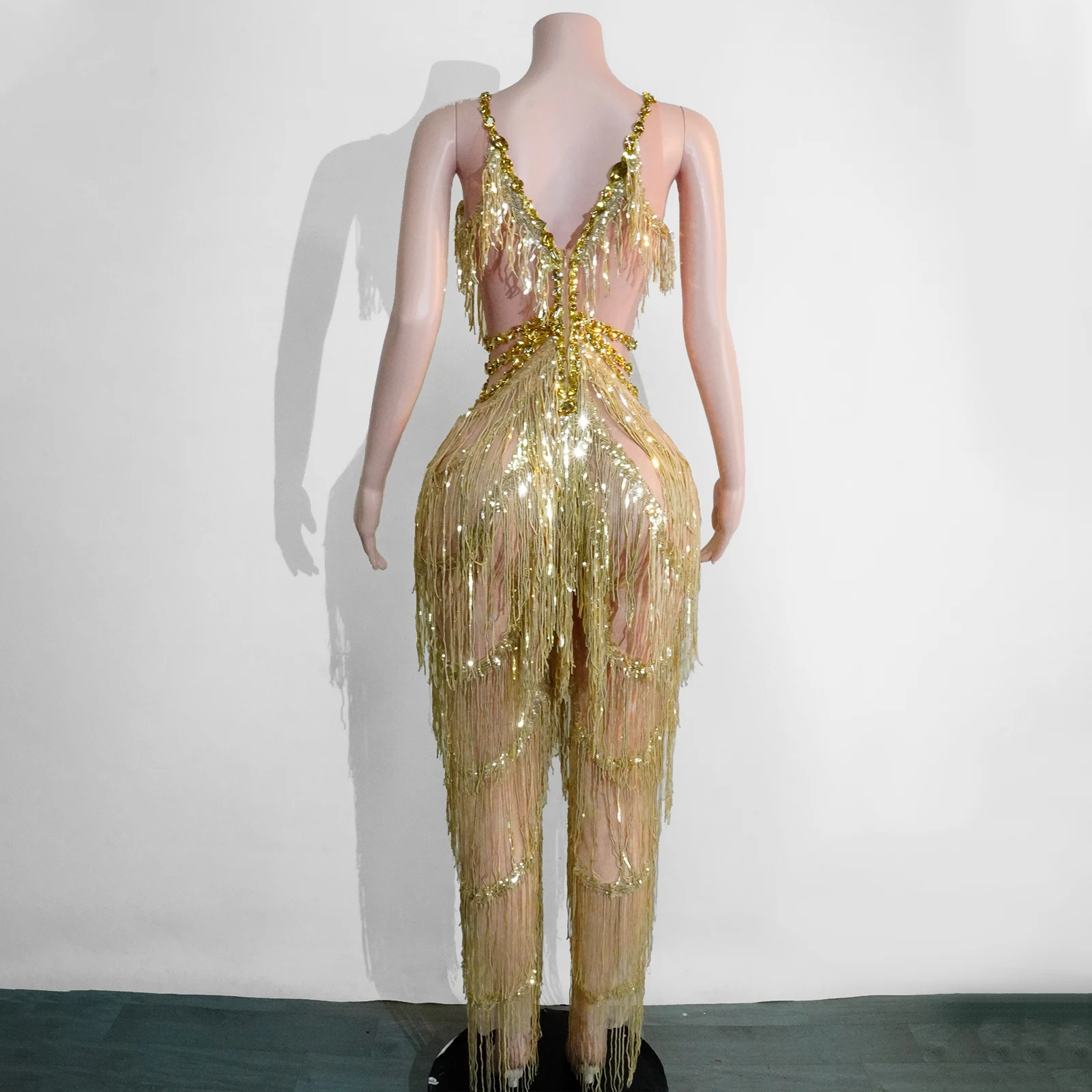 luxury sexy gold fringes jumpsuit sparkle rhinestones club party birthday outfits women drag queen pole dance festival costume