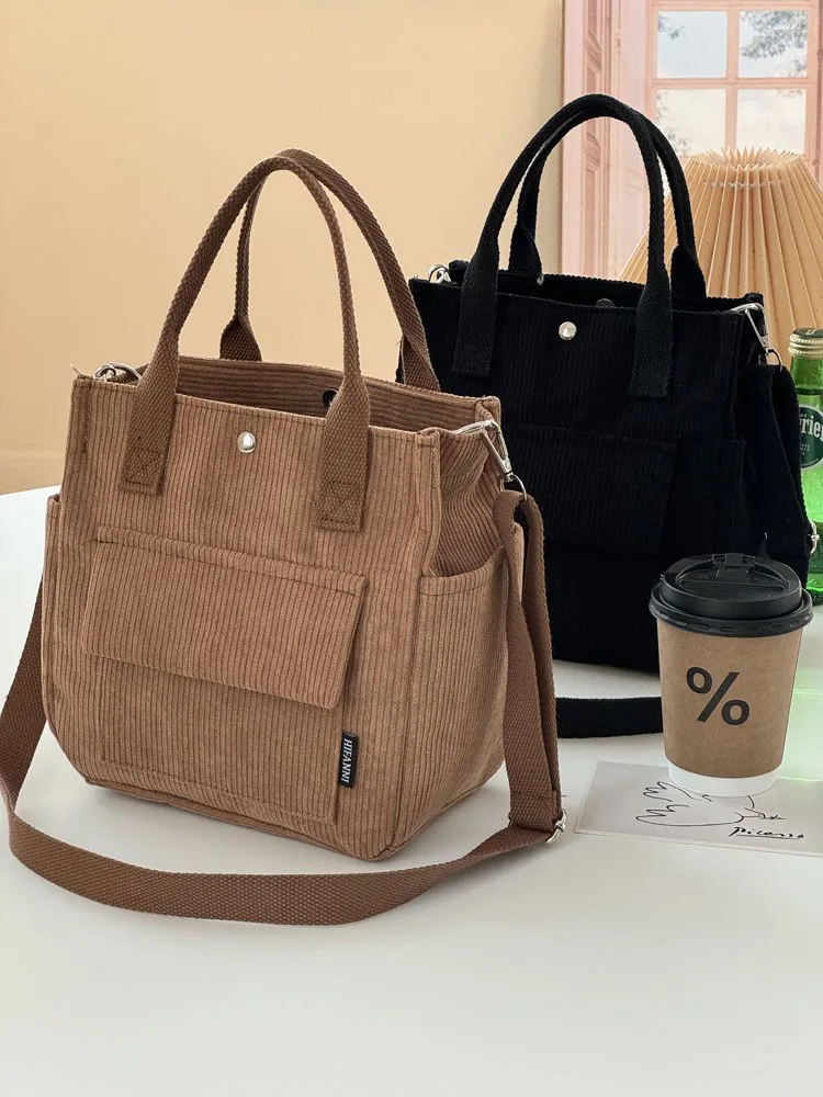 

Hylhexyr Simple Solid Color Corduroy Multi Pocket Shoulder Bag Hand Held Cloth Crossbody Bags For Woman Students