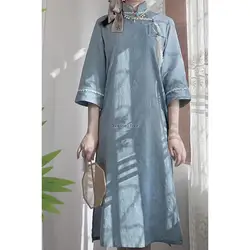 2026 chinese ancient style long sleeve qipao improved cotton jacquard summer oriental style loose half sleeve cheongsam dress