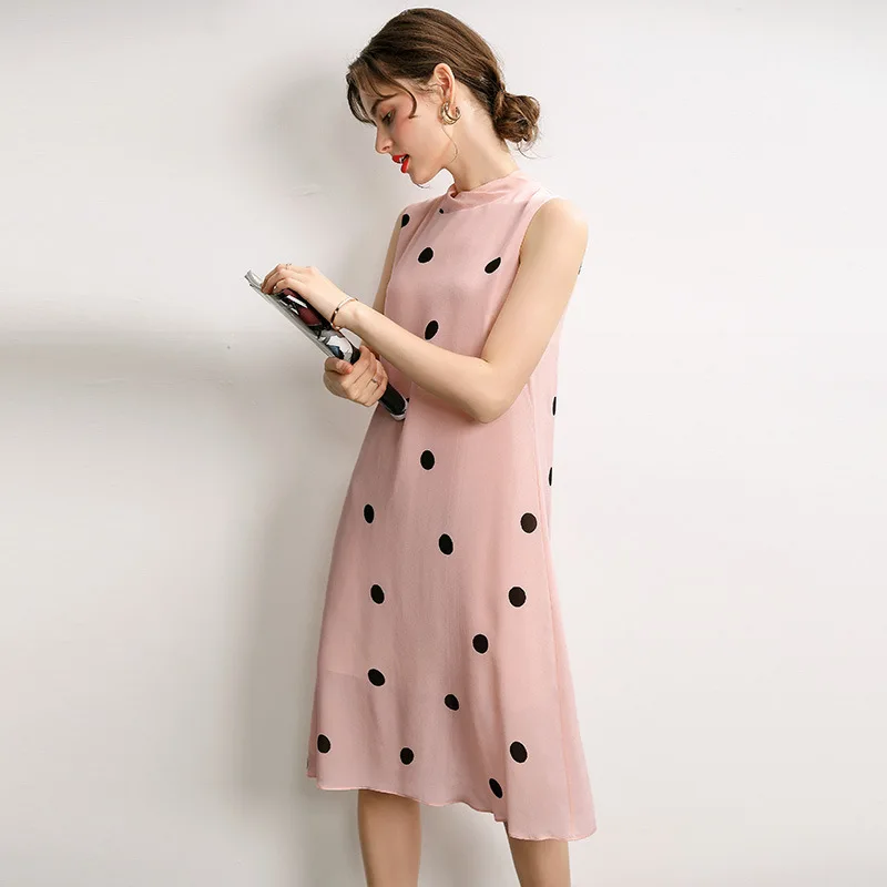 2024 silk dresses summer new high-end elegant lace sleeveless loose polka Dot a-line dress sacrf collar women cloth