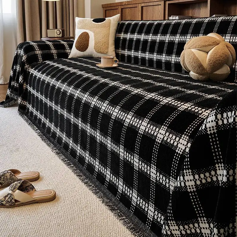 Retro Black White Plaid Chenille Sofa Throw Cover,One-piece Couch Slipcover,Cat Scratch Resistant Sofa Protector for Living Room