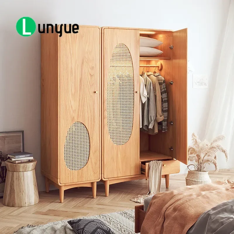 Solid Wood Wardrobe Nordic Rattan Storage Cabinet Simple Modern Wabi Sabi Style Locker for Small Apartment Bedroom Household
