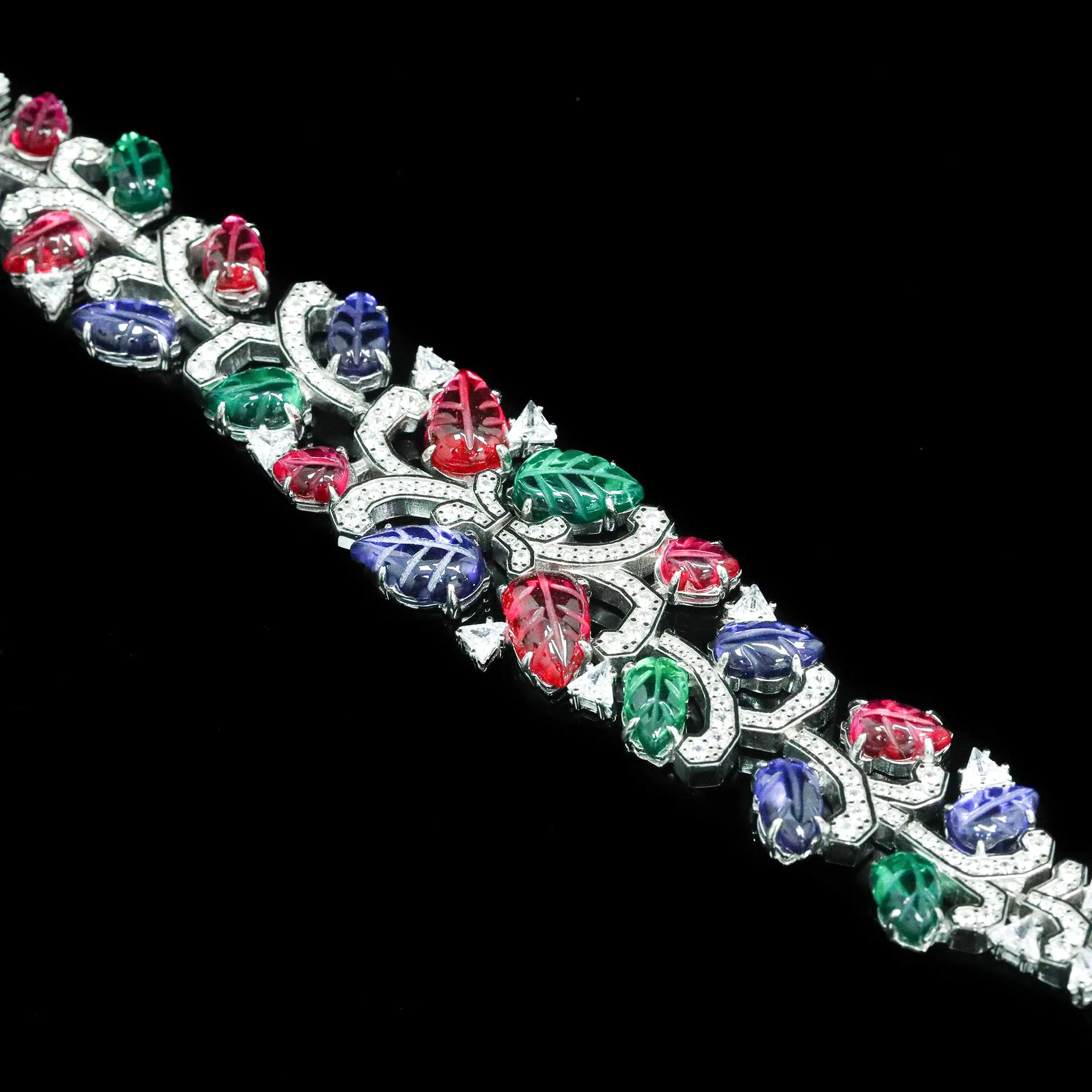 S925 Sterling Silver High Carbon Synthetic Diamonds Inlaid Jade & Multicolored Green Gemstone Engraved Bracelet Part Jewelry