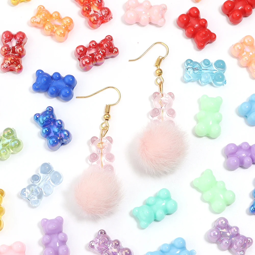 30Pcs 18x11mm Colored Acrylic Mini Bear Beads Vertical Hole Loose Spacer Beads For DIY Craft Cute Earrings Keychain Accessories