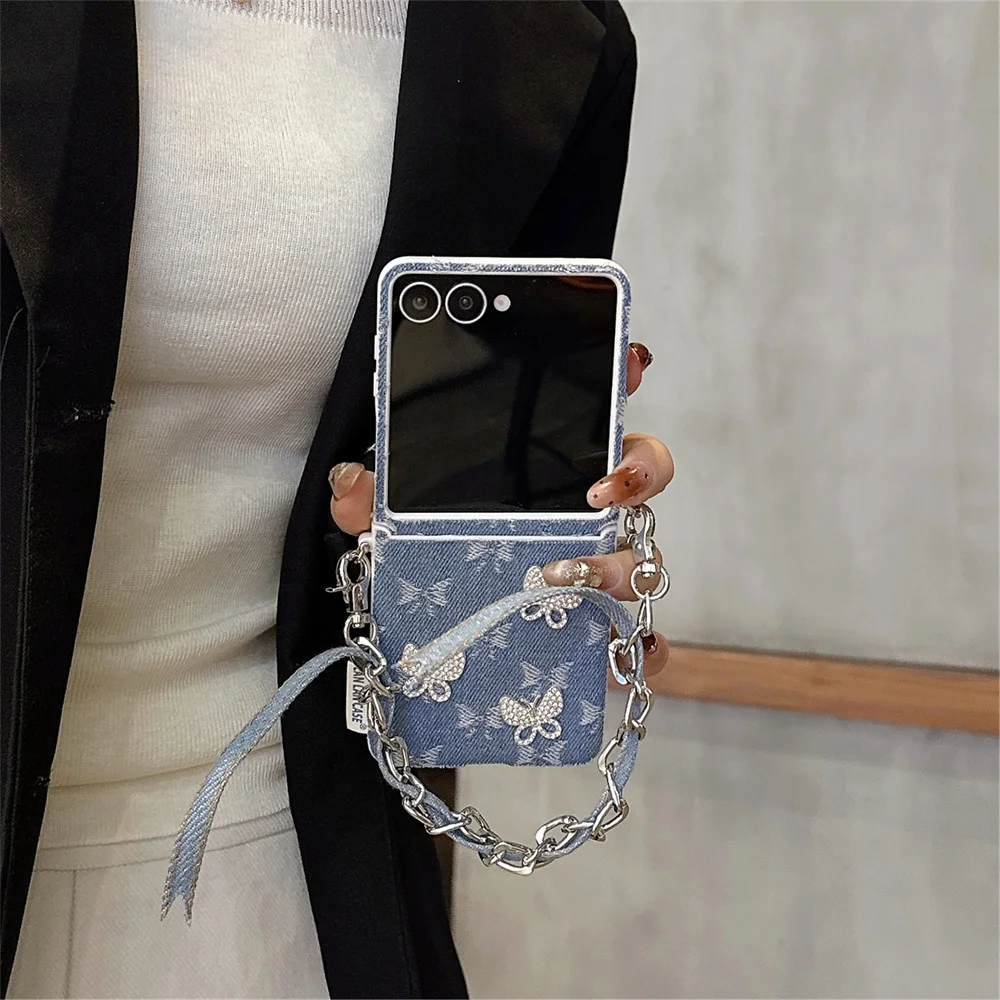 

Korean INS Fashion Denim Flash Diamond Butterfly Luxury Phone case for Samsung Galaxy Z Flip7 7FE Z Flip5 zflip6 7 Fundas Cover