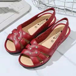 New Women's Summer One Word Hollow Out Wedges Sandal Soft Sole Non Slip Shallow Slip-On Breathable Mom's Sandals