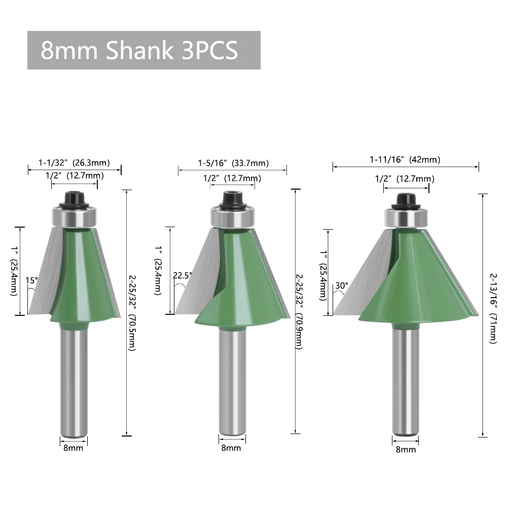 

LAVIE 3pcs Set 8mm Shank Chamfer Router Bits 15 22.5 30 Degree Milling Cutter for Wood Woodorking Bit Machine Tools MC02112