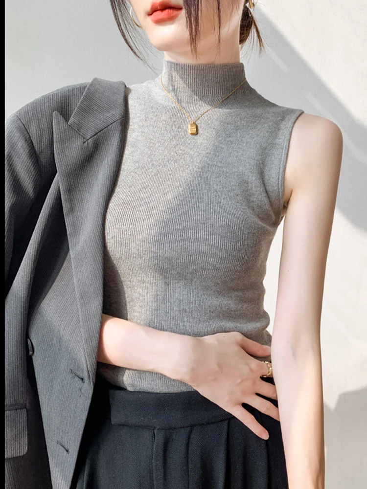 سترة نسائية محبوكة موديل 2025 سترة صيفية وخريفية ضيقة قصيرة بدون أكمام سترات ربيع الخريف الصلبة بلوفرات