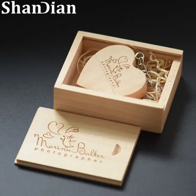 Heart Wedding Photography Gifts USB Flash Drive Free Custom Logo Wooden Pen Drive Real Capacity Memory Stick 64GB/32GB U Disk