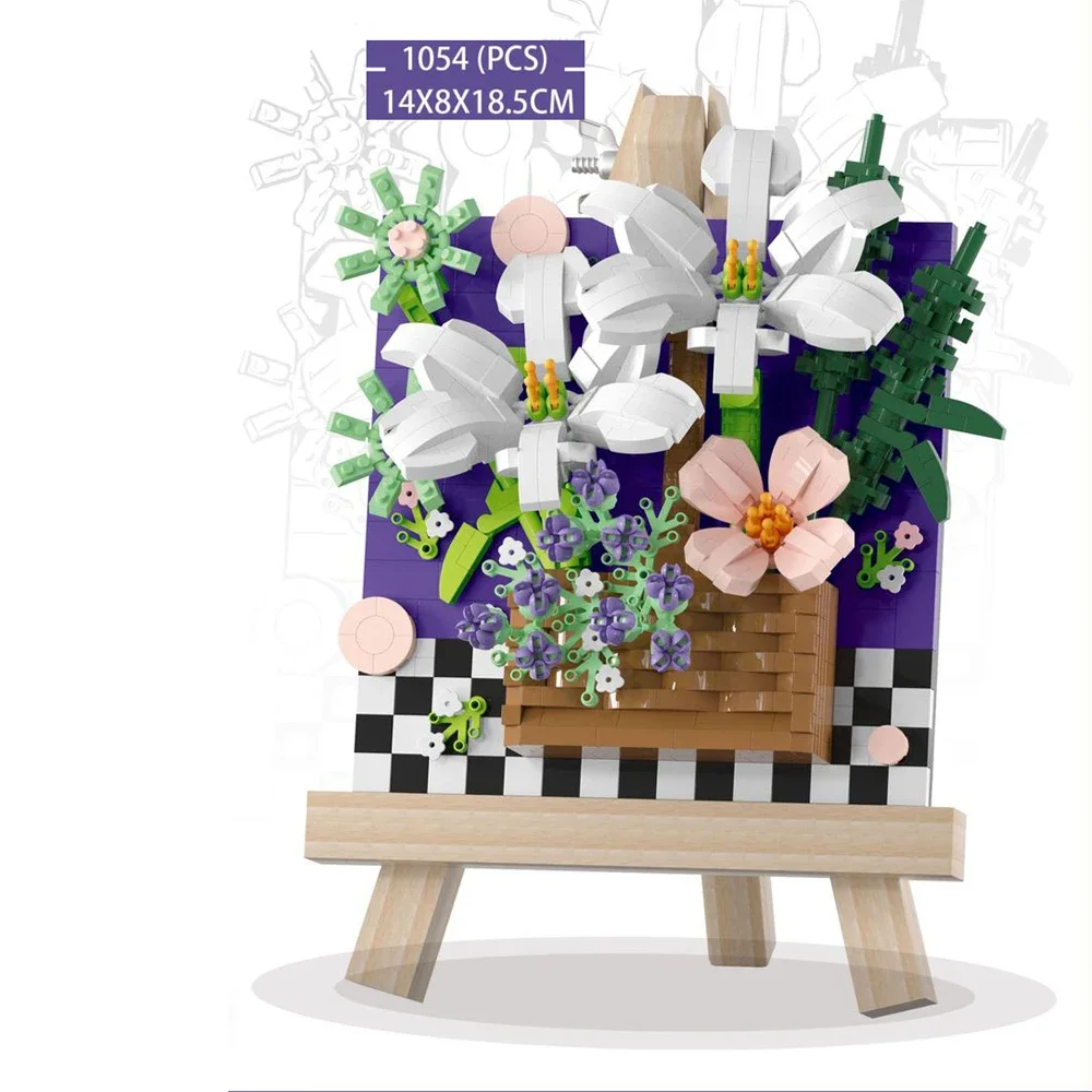 Bau Idee KUNST Blume 3D Malerei Bausteine Mit Holz Staffelei Micro Diamant Block Spielzeug Für Mädchen Desktop Dekoration