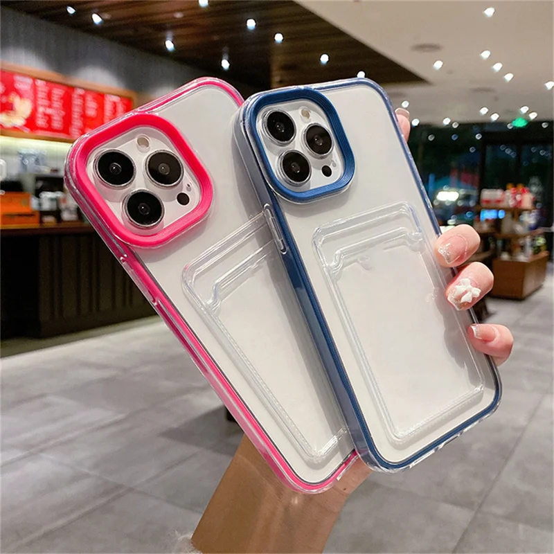 Luxury Card Slot Bag Clear Phone Case For iPhone 11 12 13 14 Pro Max X XR XS Max 7 8 Plus Plain Shockproof Bumber Soft TPU Cover