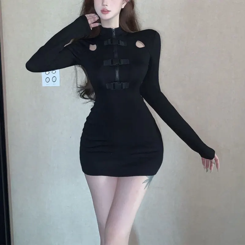 Aura Sexy Hollow Out Mini Dress Spring Autumn Solid Color Female Clothing Long Sleeve Fashion Zipper Slim Waist Bag Hip Dresses