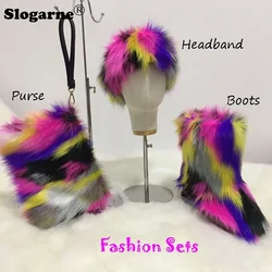 Women Winter Faux Fox Fur Boots Outdoor Girls' Fluffy Fur Snow Boots Female Luxury Furry Fur Bag Fur Headband Fashion Warm Shoes