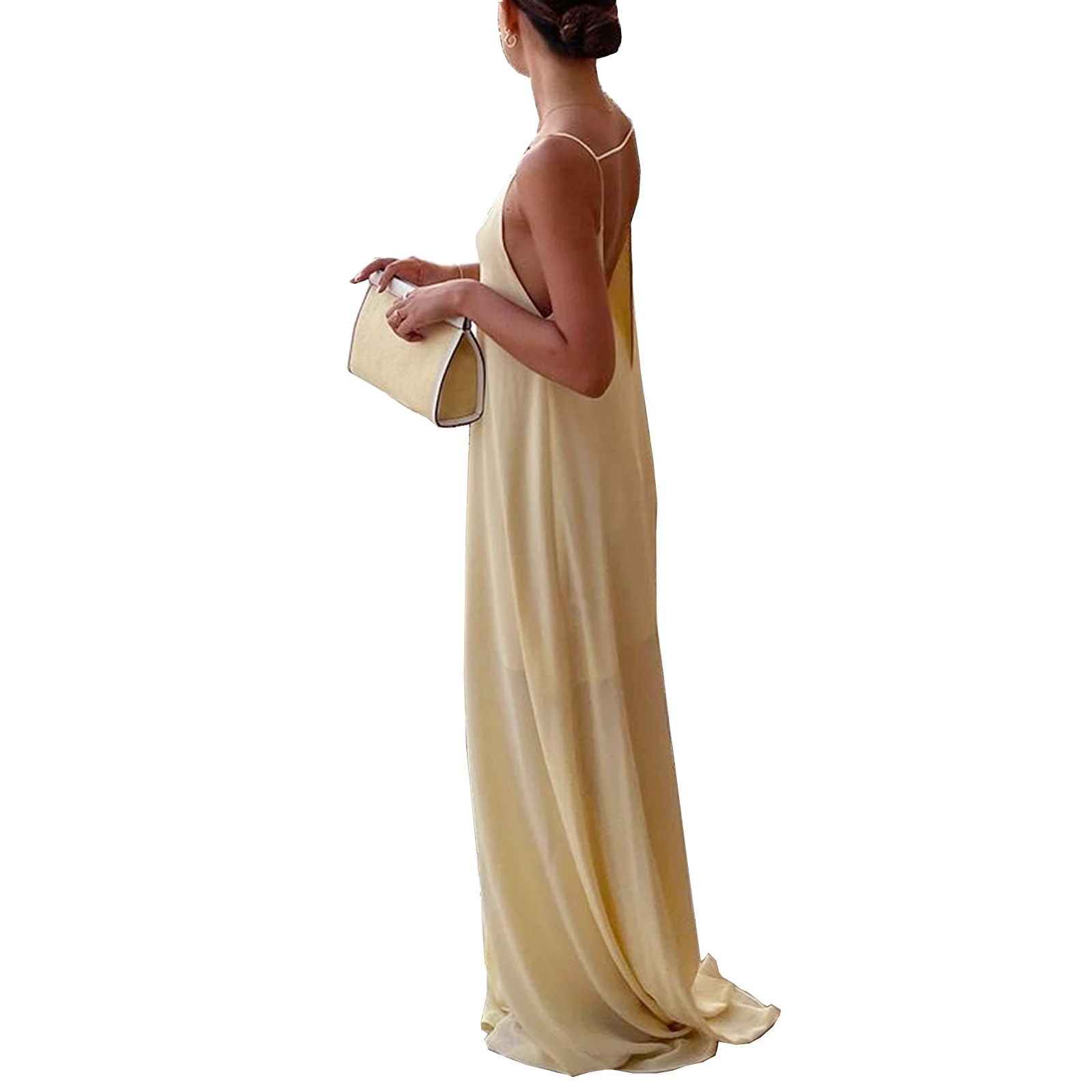 Women's Satin Long Dress Open Back Sleeveless Spaghetti Strap Cocktail Party Dress Evening Gown Oversized Party Dress