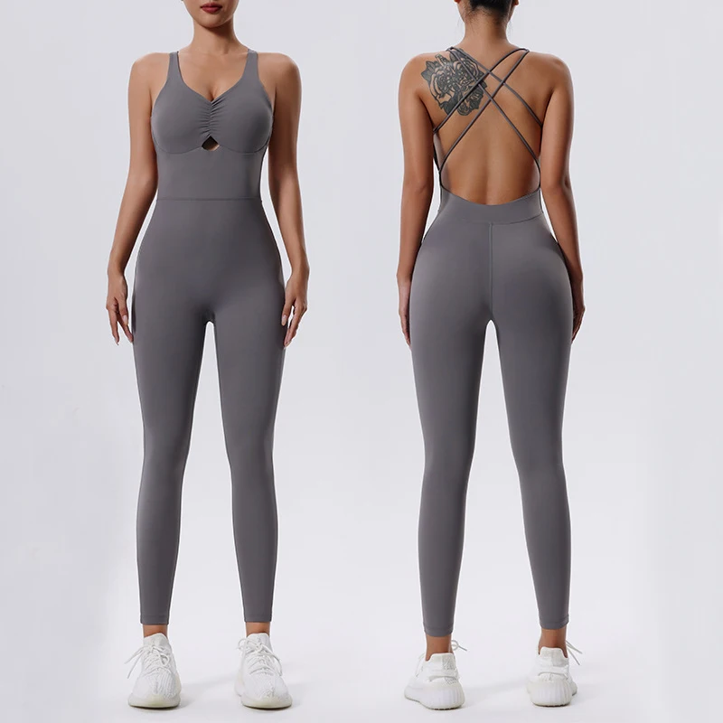 Women Slim Fit Gym Suit Solid Color Sleeveless Running Jumpsuit Breathable One Piece Yoga Set Female Sportswear Workout Clothes