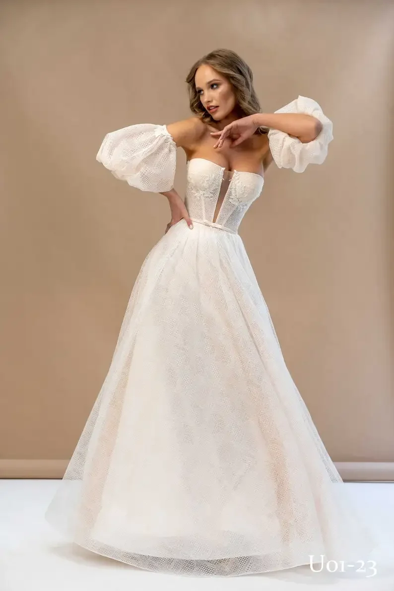 Simple Bridal Dress Lace Embroidered Wedding Dress Lantern Sleeve Dresses Nude Boho Bridal Gown Corset Custom Wedding Dress