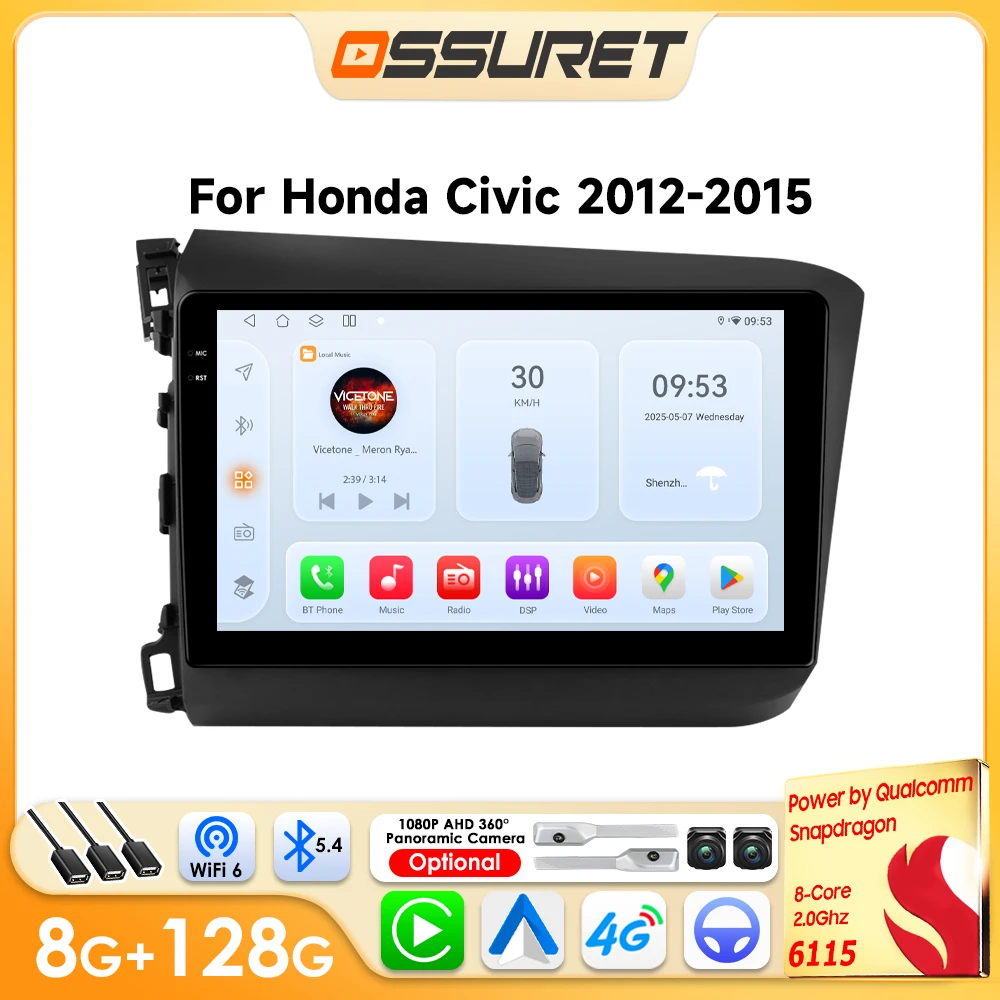 OSSURET Car Intelligent Screen for Honda Civic 2012-2015 GPS DSP Carplay Android Auto 4G WIFI 9inch 6115 Multimedia Video Player