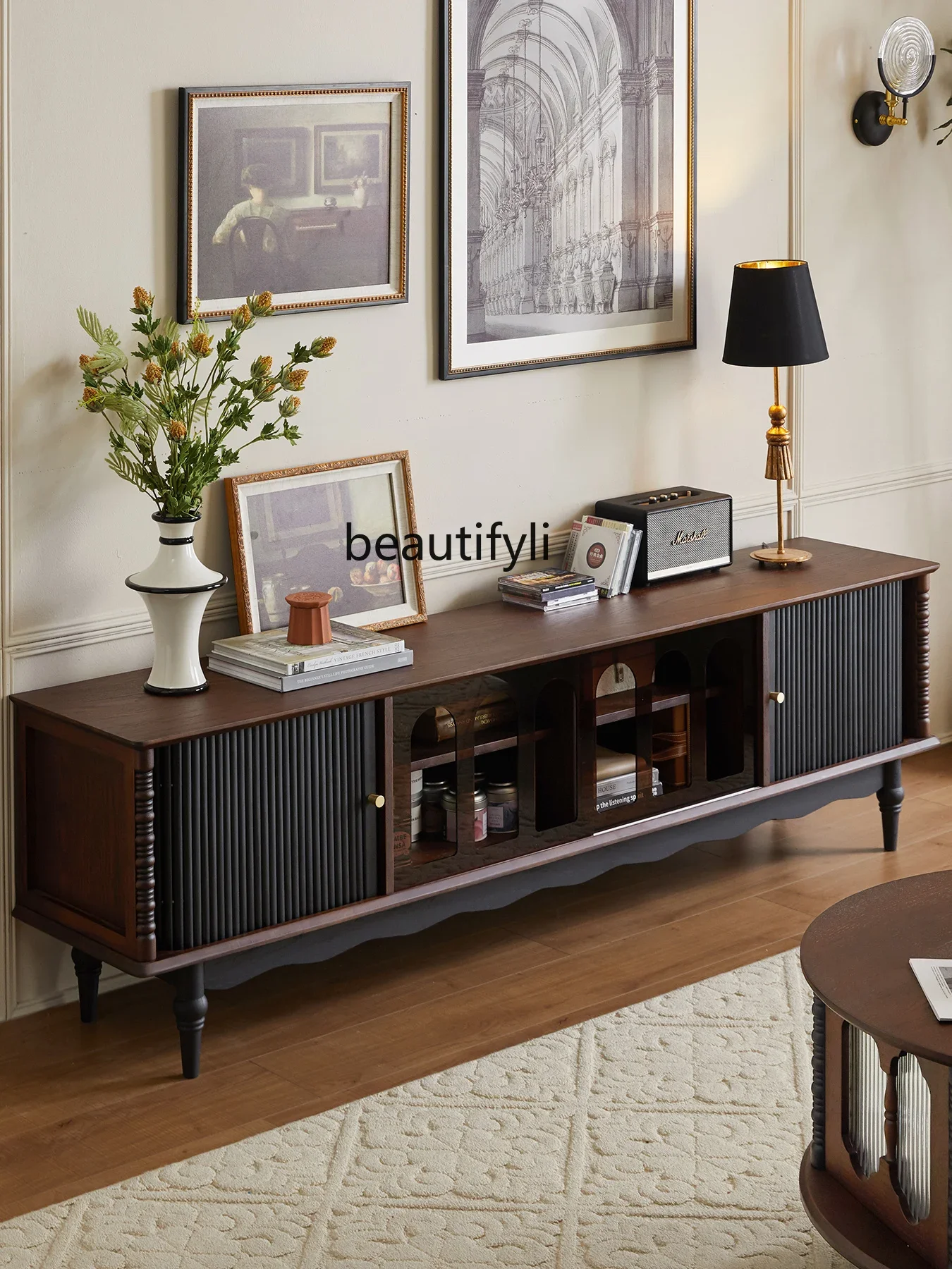 

French Retro Coffee Table TV Cabinet Unit American Living Room Home Solid Wood Black