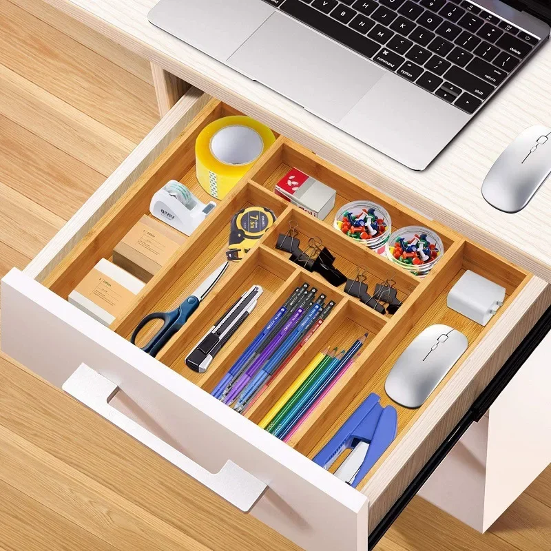 Expansible Kitchen Drawer Storage Box, Forks, Cutlery, Knives, Cutlery, Retractable Grid Organizing Box, Bamboo