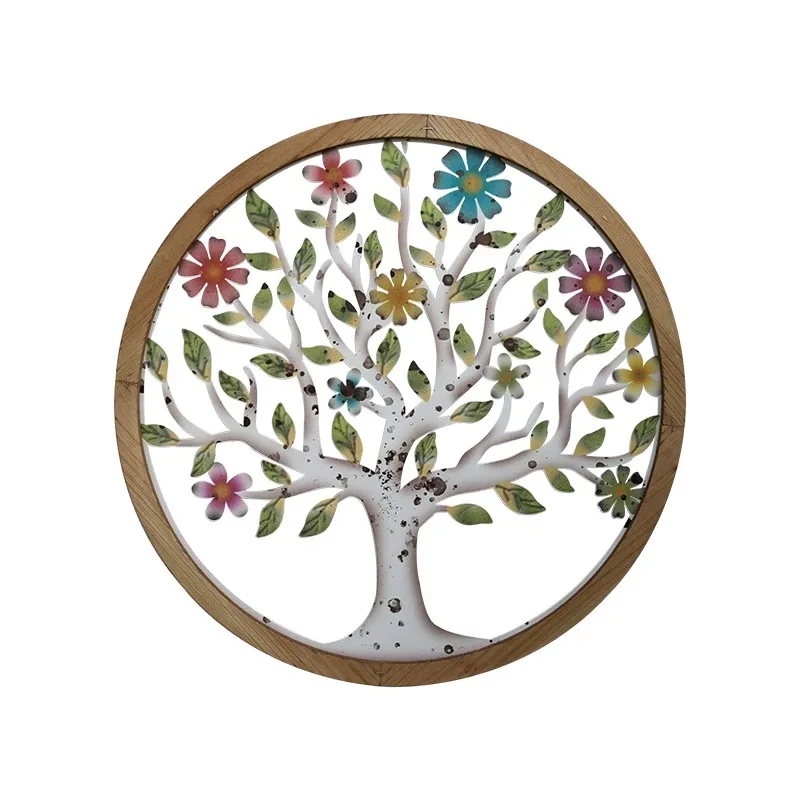 

Round Metal Wall Art with Tree of Life, Colorful Flowers and Leaves, Wood Frame, 51cm Diameter,Rustic Iron Botanical Decor