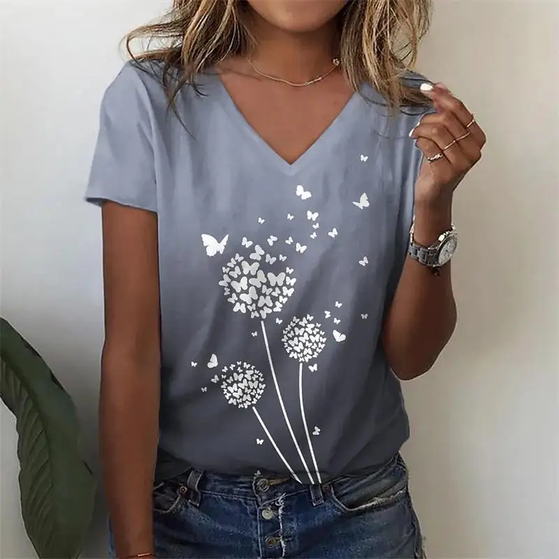 Women Gradient V Neck T-shirt Minimalist Dandelion Flying Butterfly Print Short Sleeve Casual Top