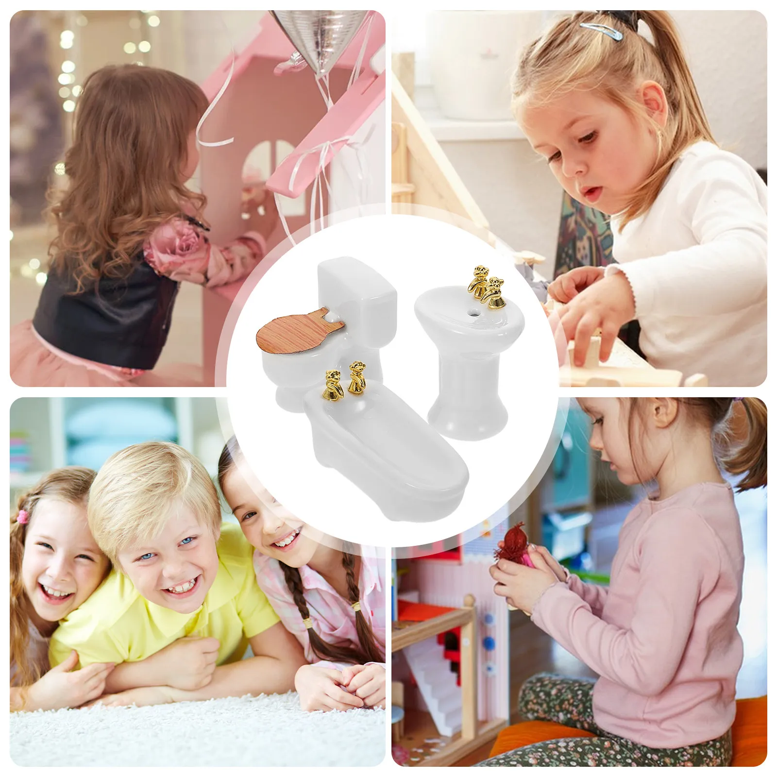 

1Set Lifelike Miniature Bathroom Set for Dollhouse Smooth Surface Chic Realistic Shower Room Accessories Tiny Bathtub Washbasin