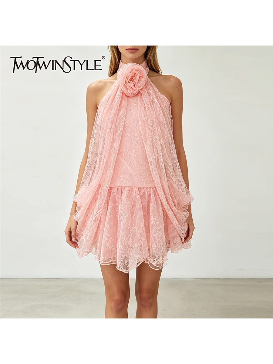 TWOTWINSTYLE Solid 3D Flower Ruffle Decor Slim Fit Mini Dress For Women Halter Neck Sleeveless Patchwork Lace Party Gown Female