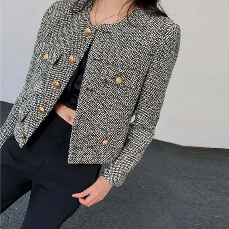 

New Autumn Winter Korean Women's Single Breasted Brand Luxury Chic Tweed Woolen Coat Retro Suit Jacket Top Casaco Outwear V1556