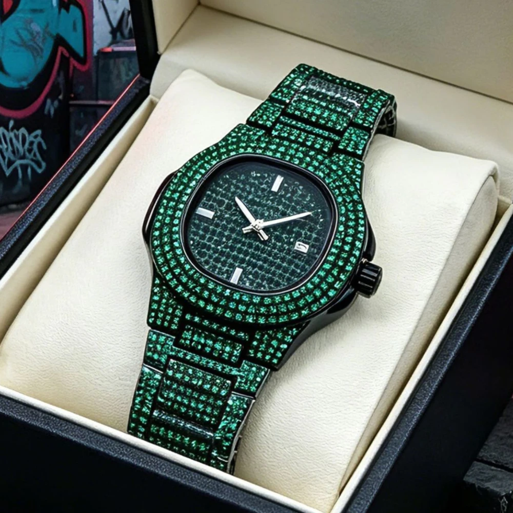 Classic Multicolor Quartz Watches for Men Green Full Diamond Luxury Top Brand Watch Fashion High End Stainless Steel Man Clock