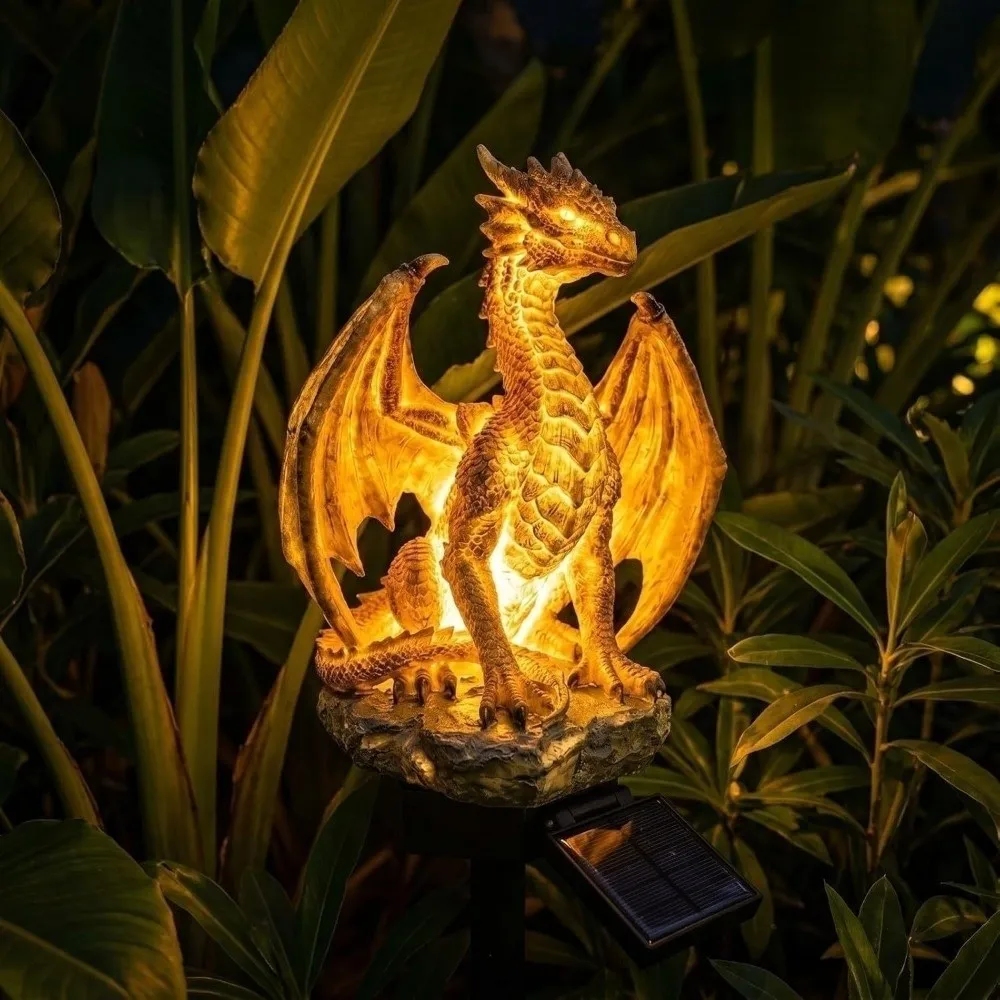 Soft Warm Glow Dragon Solar Garden Light Medieval Fantasy Dragon Statue Solar Dragon Stake Light Gothic Shape Animal